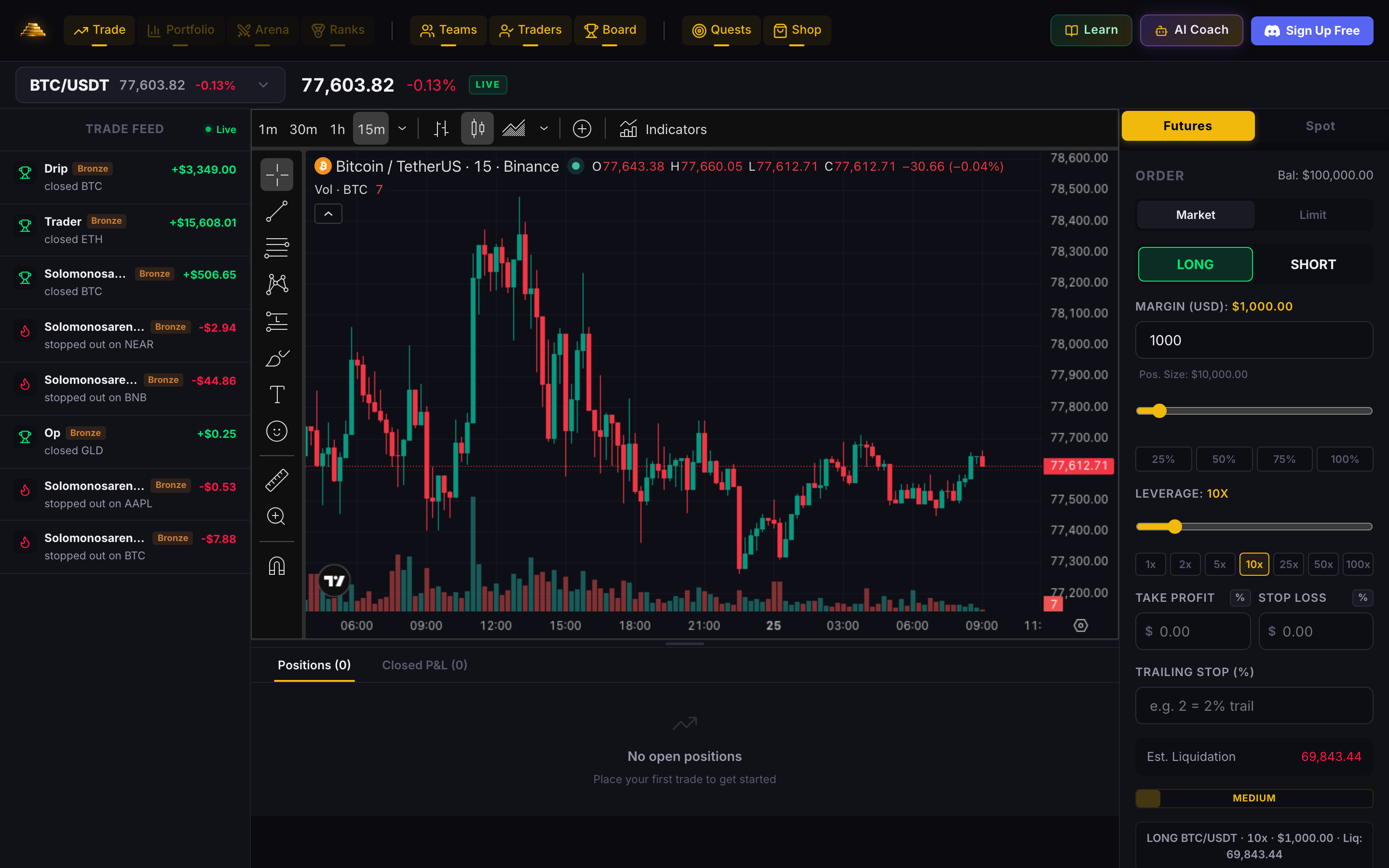 Stacked trading dashboard with live chart and positions
